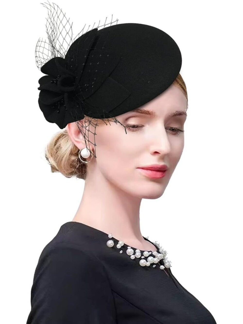 Women's Wool Felt Flower Pillbox Hat British Wedding Church Derby Hats 2006Black